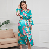 Women's Plus Size Long-Sleeved Floral Belted Pajamas Robe - Shah S. Sahota